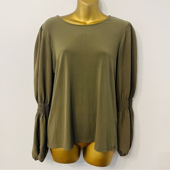 Calvin Klein Olive Bubble Sleeve Top | Office Workwear Quiet Luxury Blouse - Picture 4 of 7
